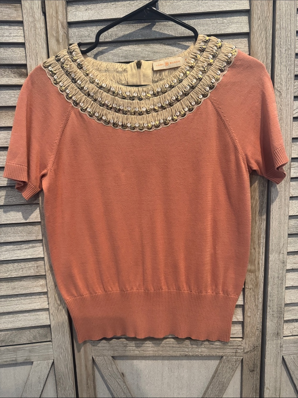 Tory Burch Coral Short-Sleeve Knit Top with Embellished Collar